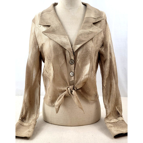 Frank Lyman Design Metallic Mesh Sheer Tie Front Blouse Gold Shimmer Glam - Picture 1 of 9